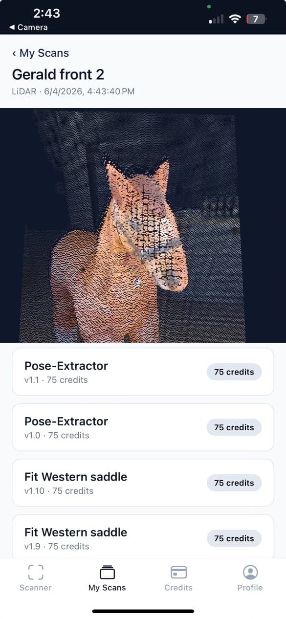 The capture app showing a LiDAR scan of Gerald, Equimorphic's test horse, with the policies that can run on it.